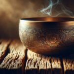 Handcrafted bronze singing bowl on rustic wooden surface, emitting wisps of steam, symbolizing meditation, relaxation, and ancient Asian art for wellness and spiritual practices.