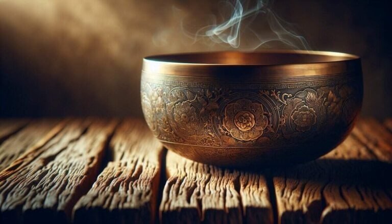 Handcrafted bronze singing bowl on rustic wooden surface, emitting wisps of steam, symbolizing meditation, relaxation, and ancient Asian art for wellness and spiritual practices.